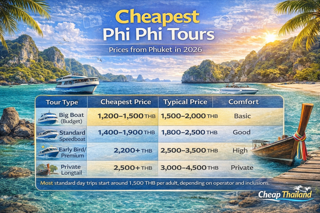 Cheapest Phi Phi Islands tour prices from Phuket in 2026 comparison chart showing big boat, speedboat, and premium options