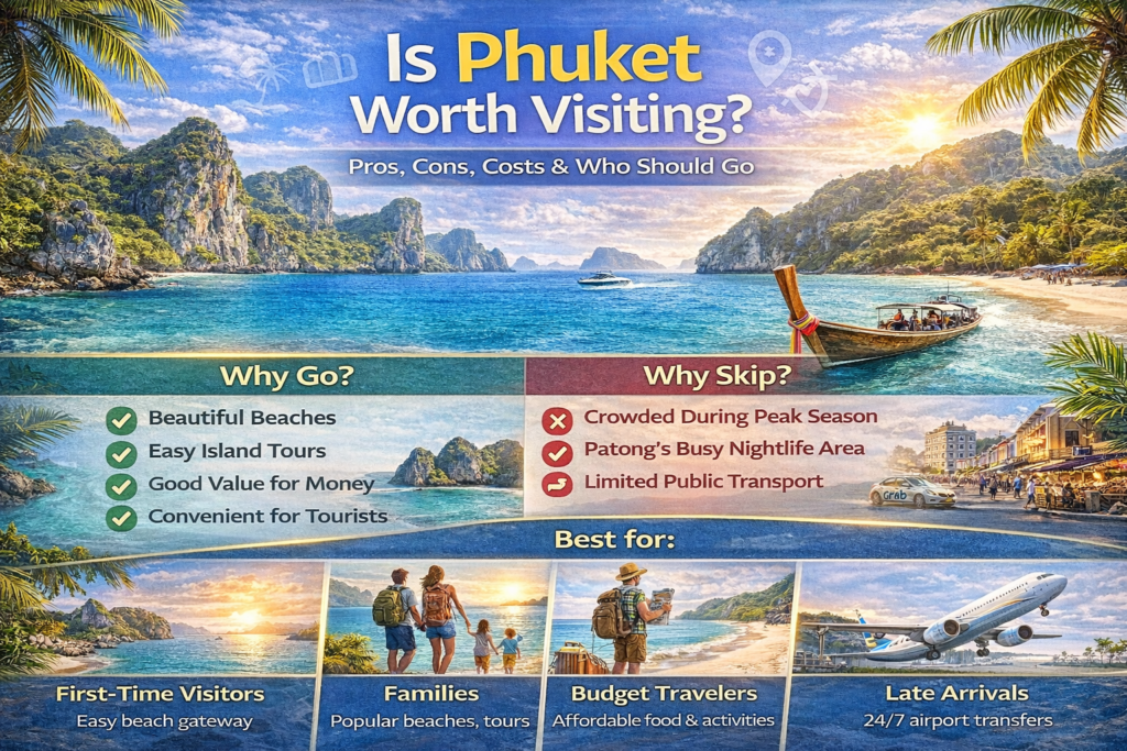 Is Phuket worth visiting infographic showing pros and cons, travel costs, and best travelers for Phuket Thailand