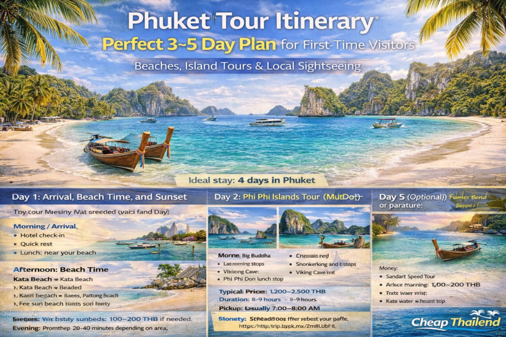 Phuket tour itinerary infographic showing 3 to 5 day travel plan with beaches island tours and Phuket highlights