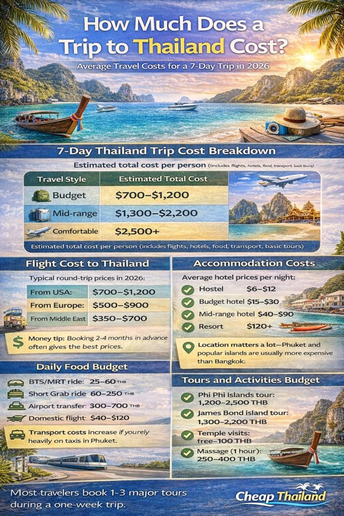 Thailand trip cost breakdown infographic showing average travel expenses, daily budget, flights, hotels, and tours in 2026