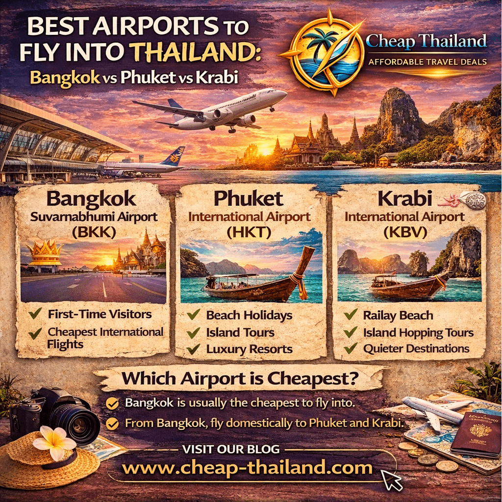best airports to fly into thailand bangkok vs phuket vs krabi travel guide infographic