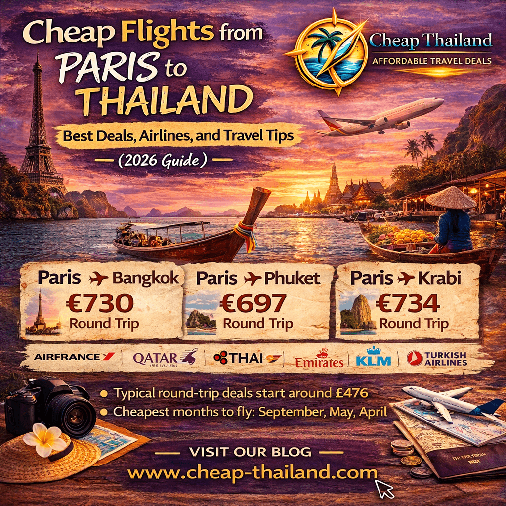 Cheap flights from Paris to Thailand travel guide with Bangkok flight deals.
