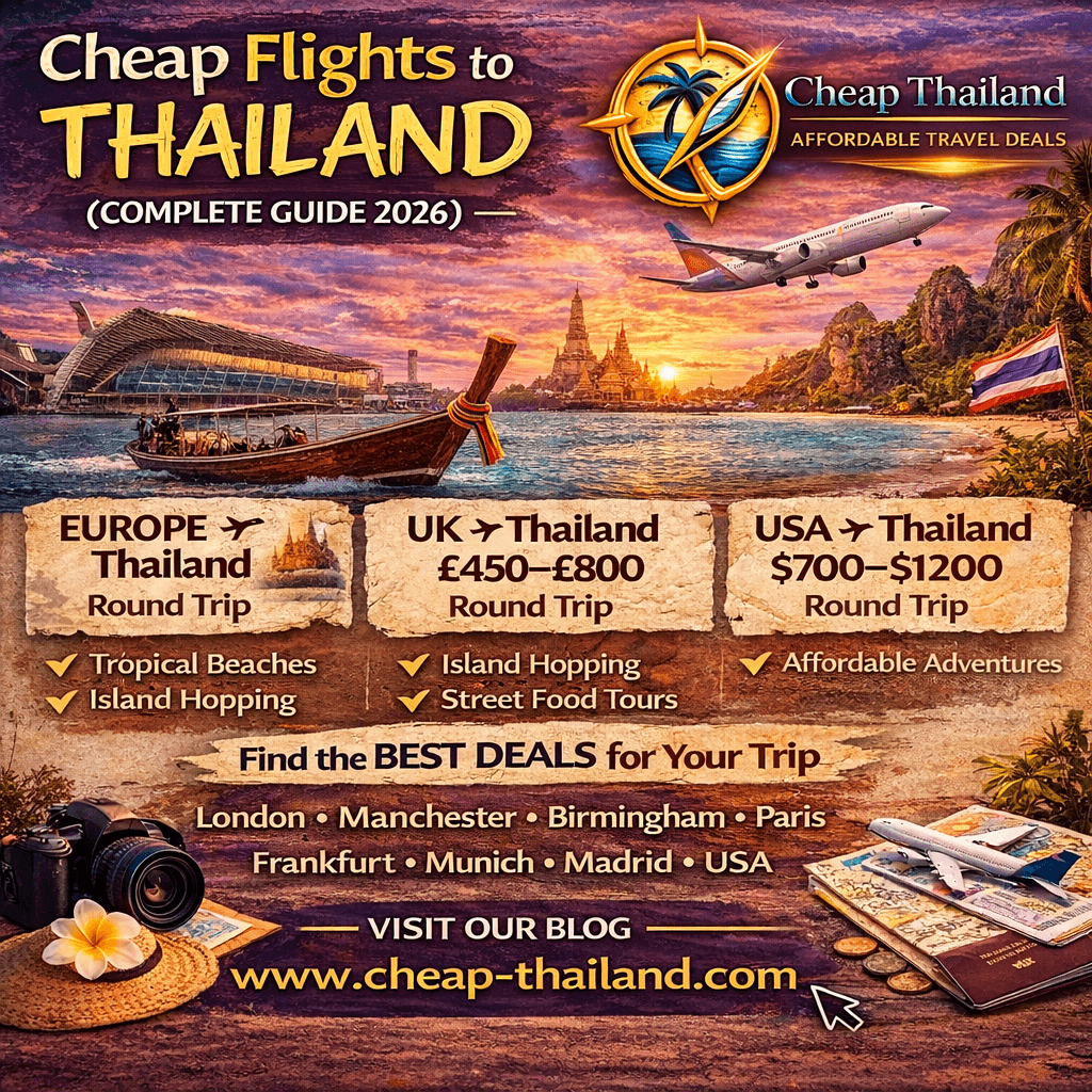 cheap flights to Thailand guide showing routes from Europe and the USA.