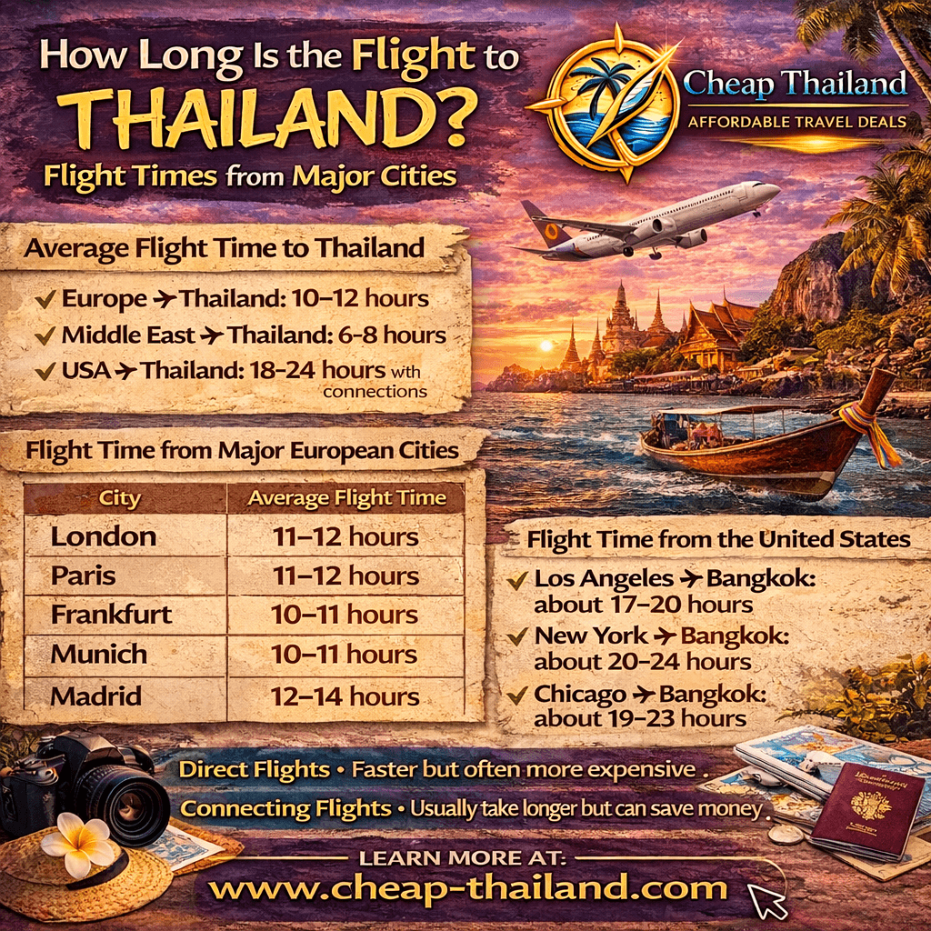 flight time to thailand from major cities europe usa travel infographic