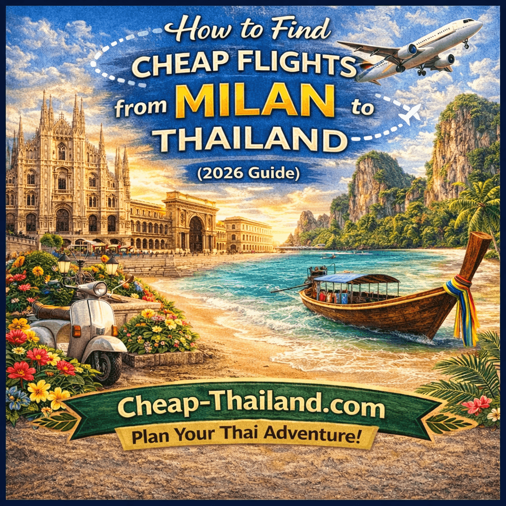 Cheap flights from Milan to Thailand travel guide 2026 with Thailand beach and Milan landmarks