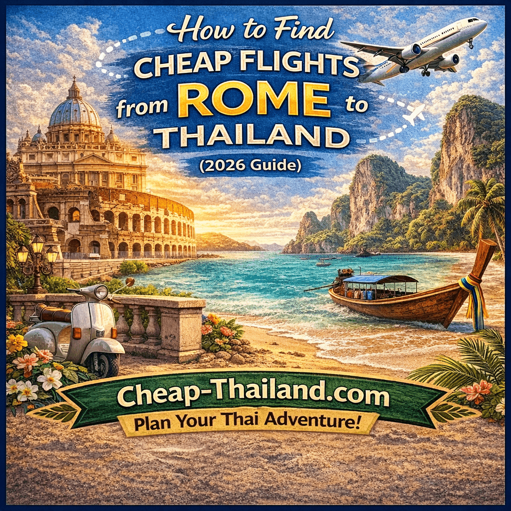 Cheap flights from Rome to Thailand travel guide showing Rome landmarks and Thailand tropical beach – Cheap-Thailand.com
