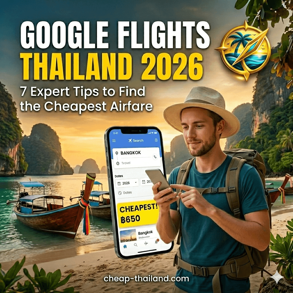 A traveler using a smartphone to search for flights with a beautiful Thailand beach background, illustrating Google Flights tips for 2026.