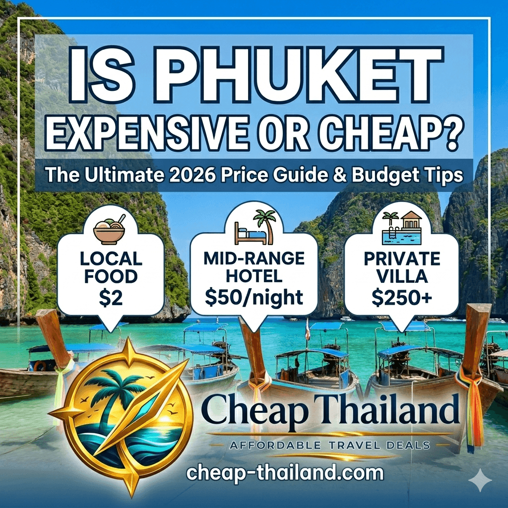 A beautiful beach in Phuket Thailand with price tags showing cheap and expensive travel options for 2026.