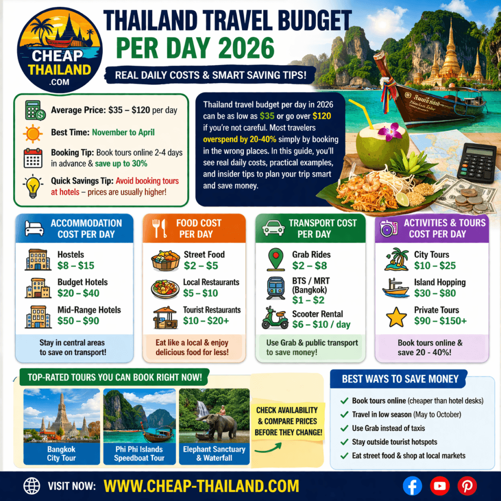 Thailand travel budget per day 2026 — daily cost breakdown for food, accommodation, transport and tours