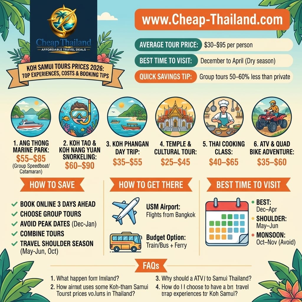 Koh Samui tours prices 2026 – Ang Thong Marine Park, Koh Tao snorkeling and island hopping costs